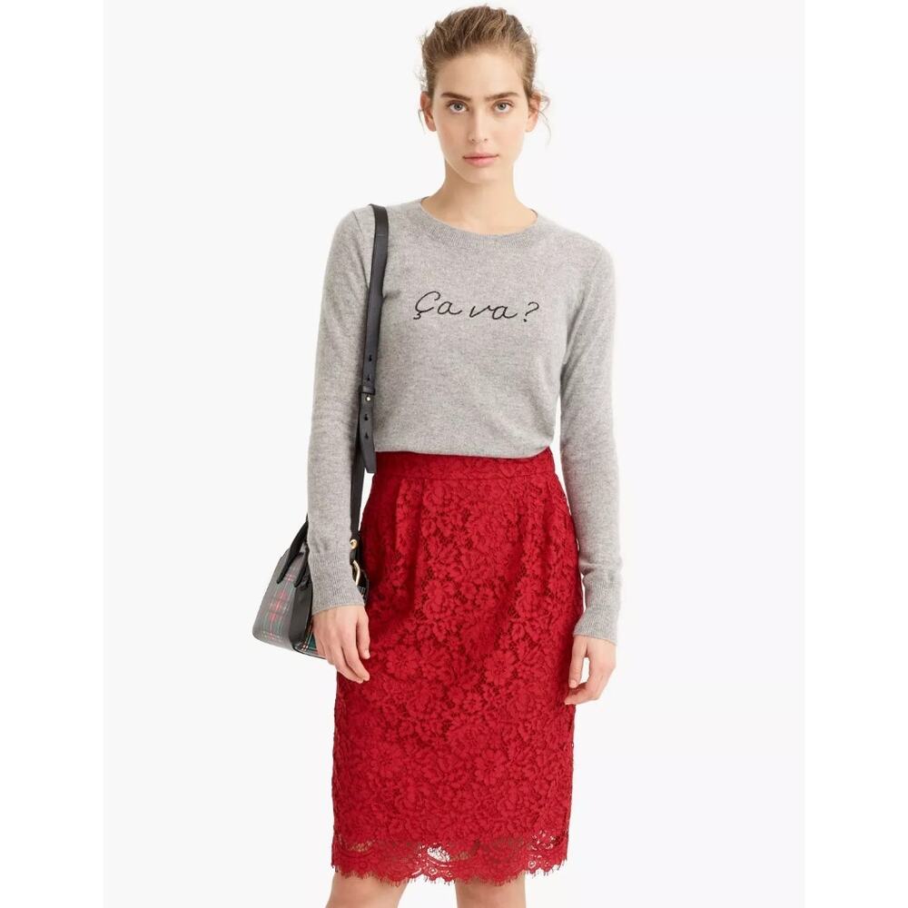 J Crew Red Lace Pintuck Pencil Skirt NWT
